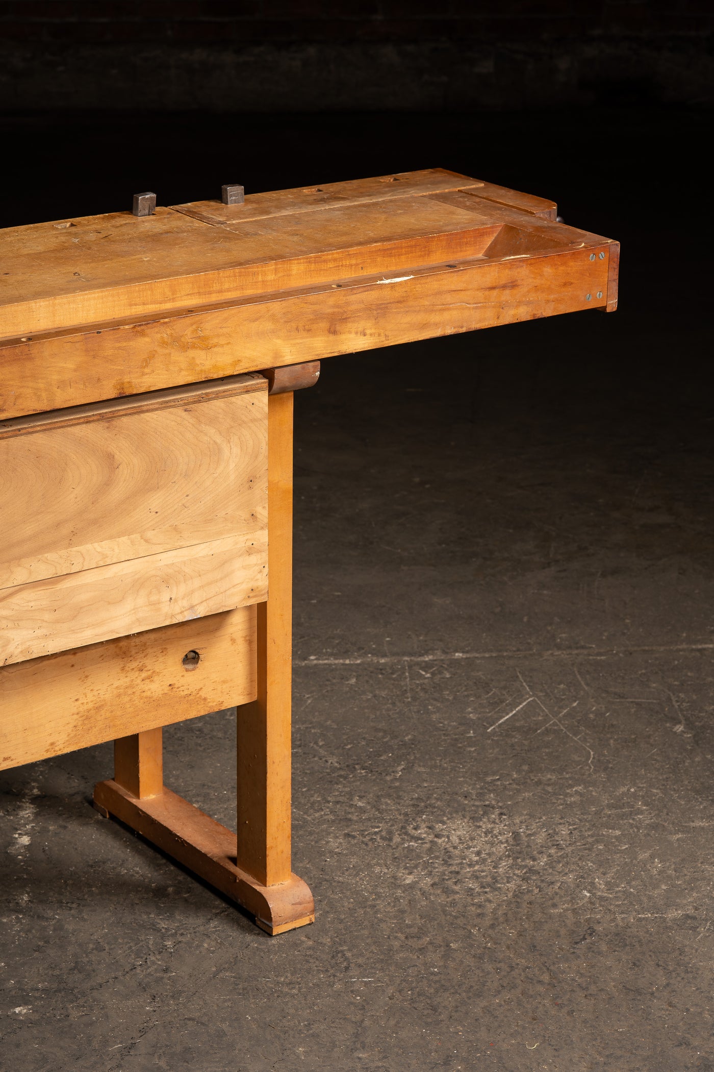 Mid-Century Maple Woodworking Bench with Dual Vises and Cabinet Storage