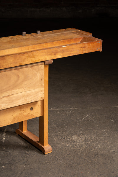 Mid-Century Maple Woodworking Bench with Dual Vises and Cabinet Storage