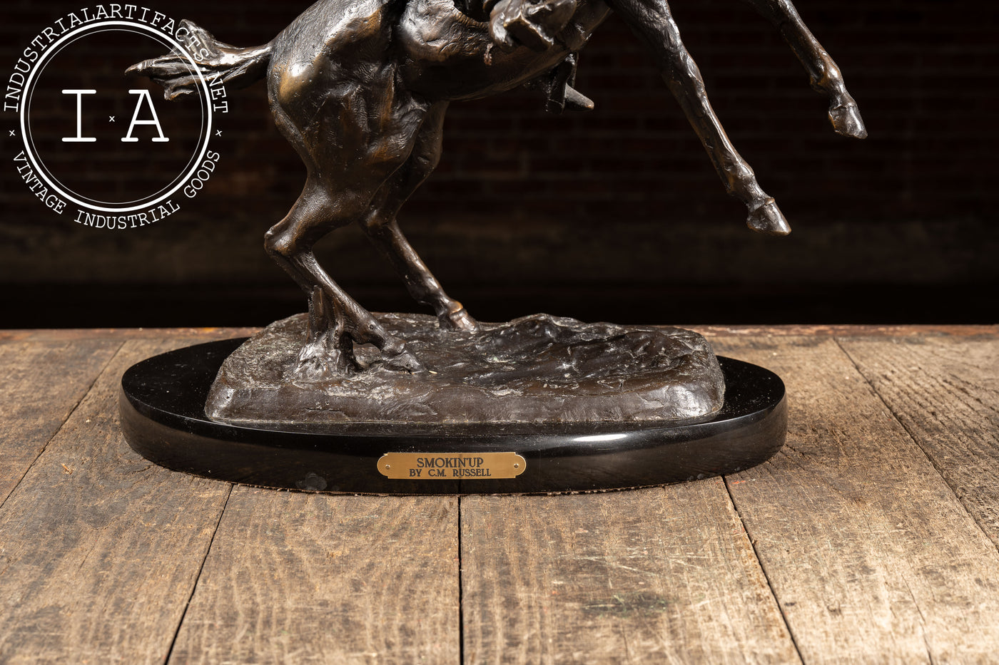Smokin' Up | 1903 C. M. Russel Bronze Statue on Plaque, Signed and Dated