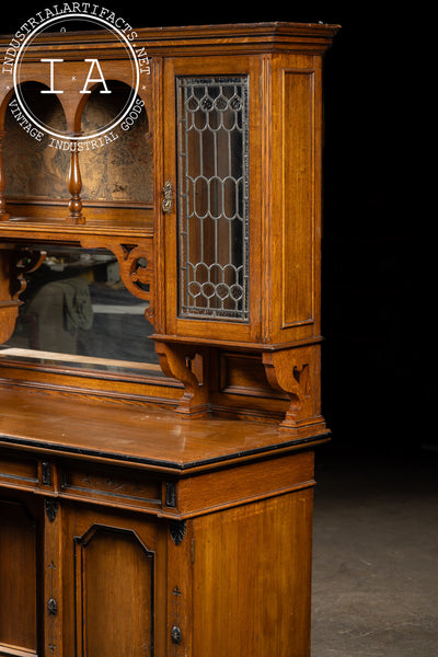 Victorian Gothic Revival Oak Sideboard Hutch with Leaded Glass Doors
