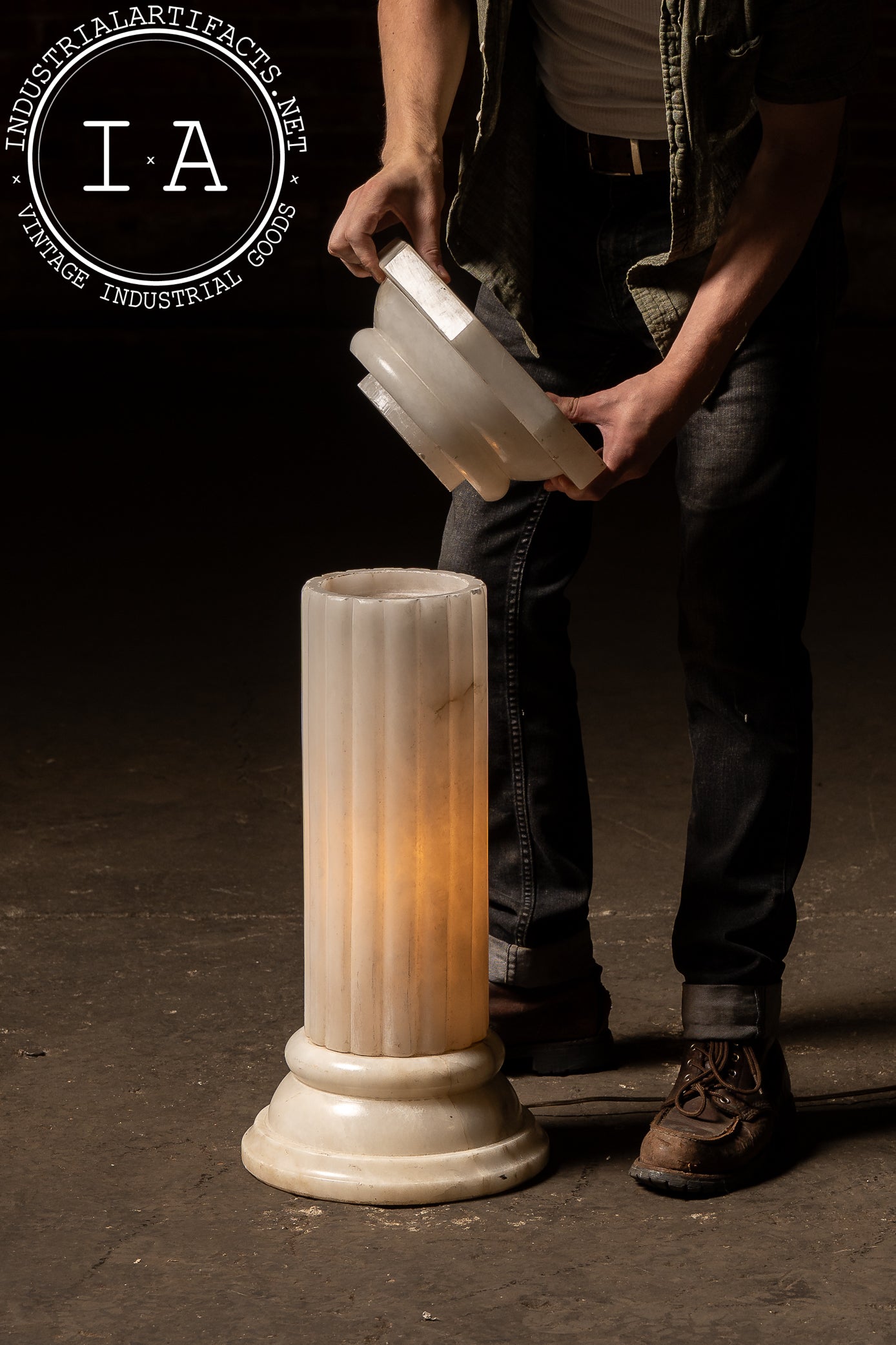 Illuminated Alabaster Doric Column Pedestal Lamp