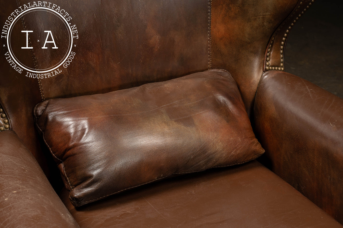 Vintage Wingback Leather Chair with Pillow, Ottoman by Walter E. Smithe