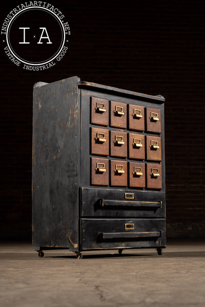 Wooden 14 Drawer Rolling Shop Cabinet in Distressed Black