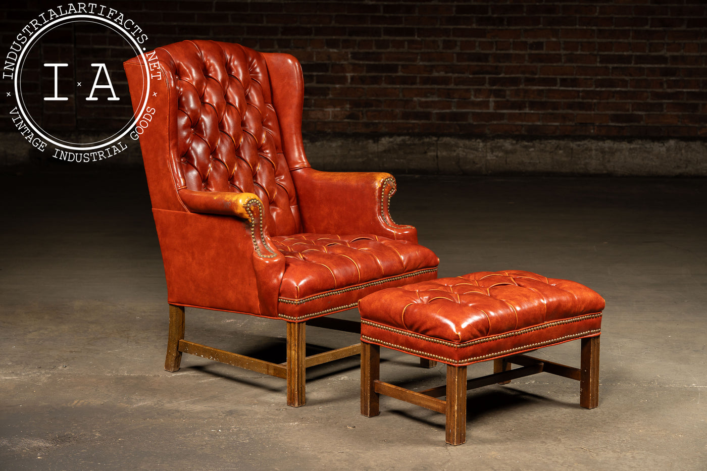 Vintage Wingback Tufted Armchair With Ottoman in Burnt Orange