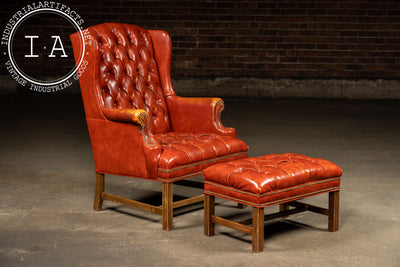 Vintage Wingback Tufted Armchair With Ottoman in Burnt Orange