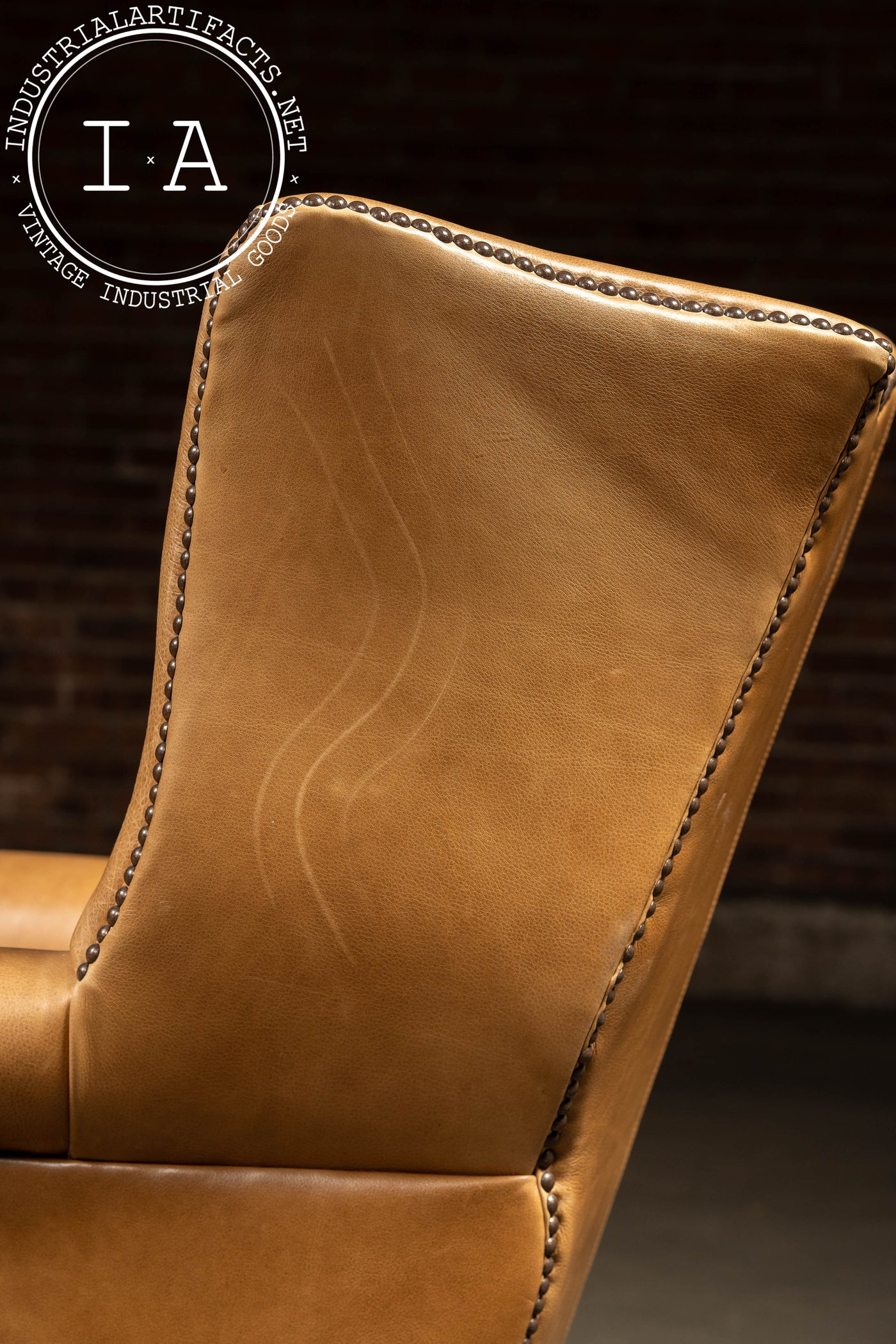 Vintage Leather Wingback Armchair With Ottoman in Tan