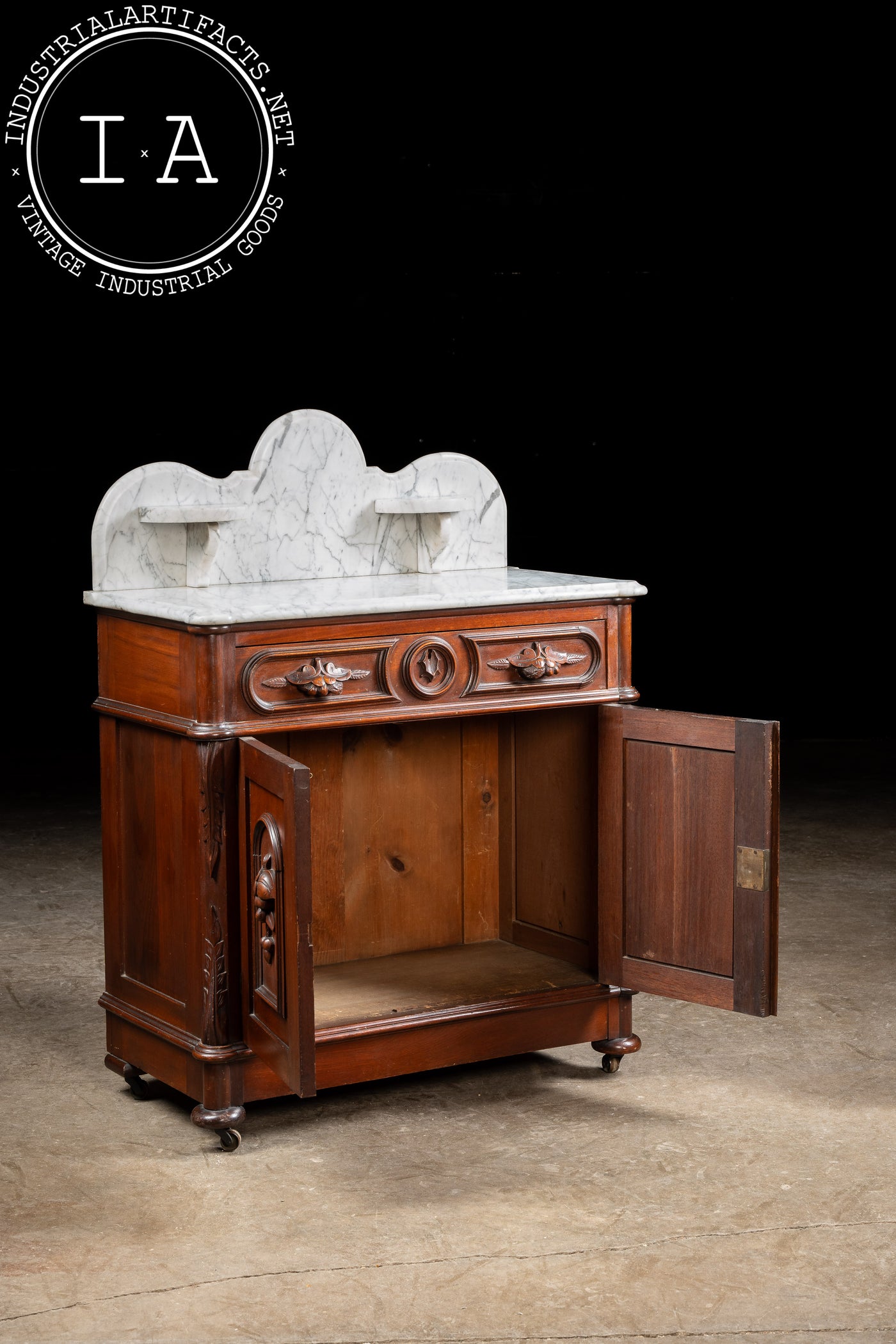 Late 19th Century Eastlake Victorian Walnut Commode Wash Stand with Marble Top