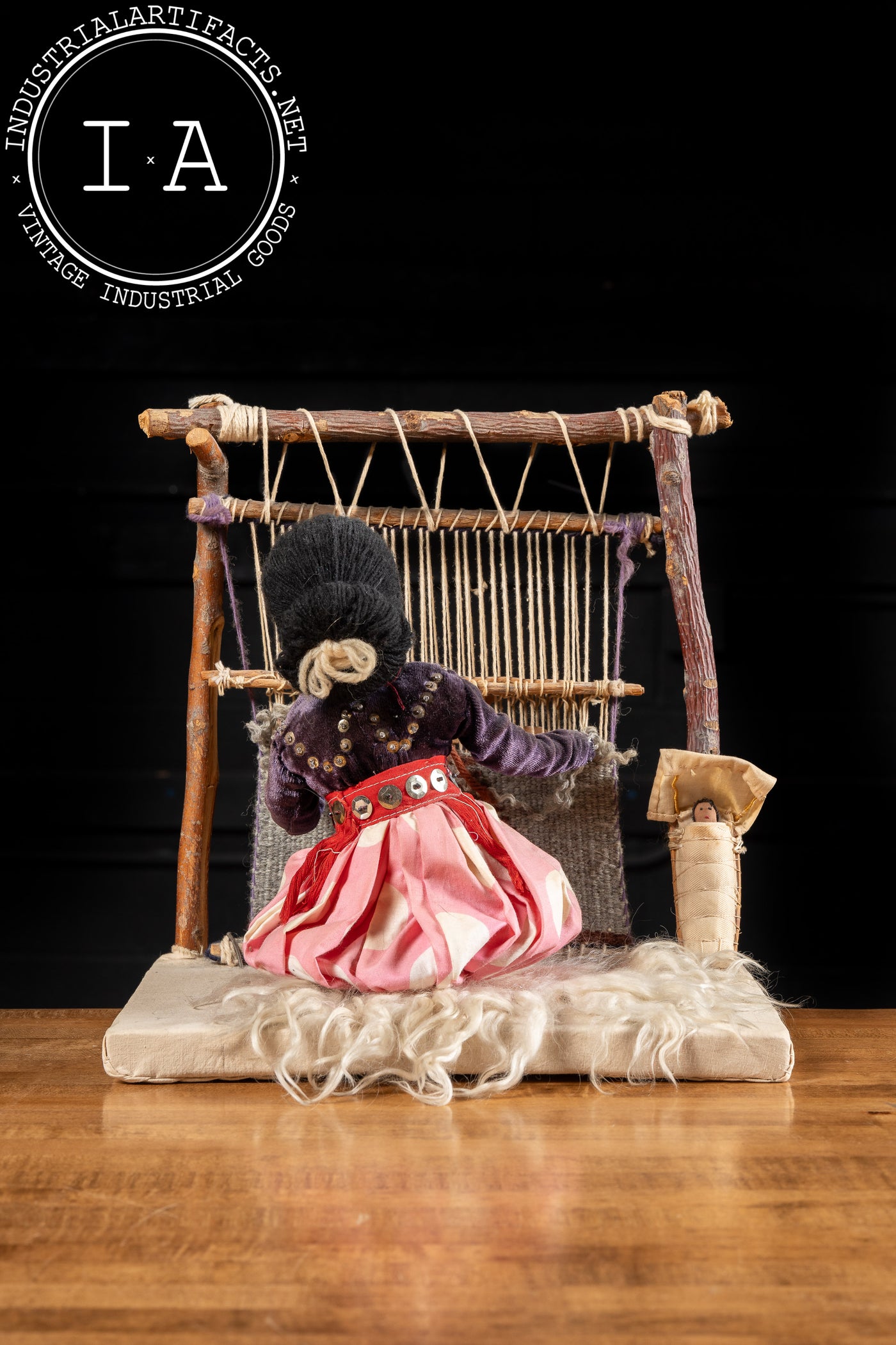 Vintage Indigenous Woman On Loom Sculpture
