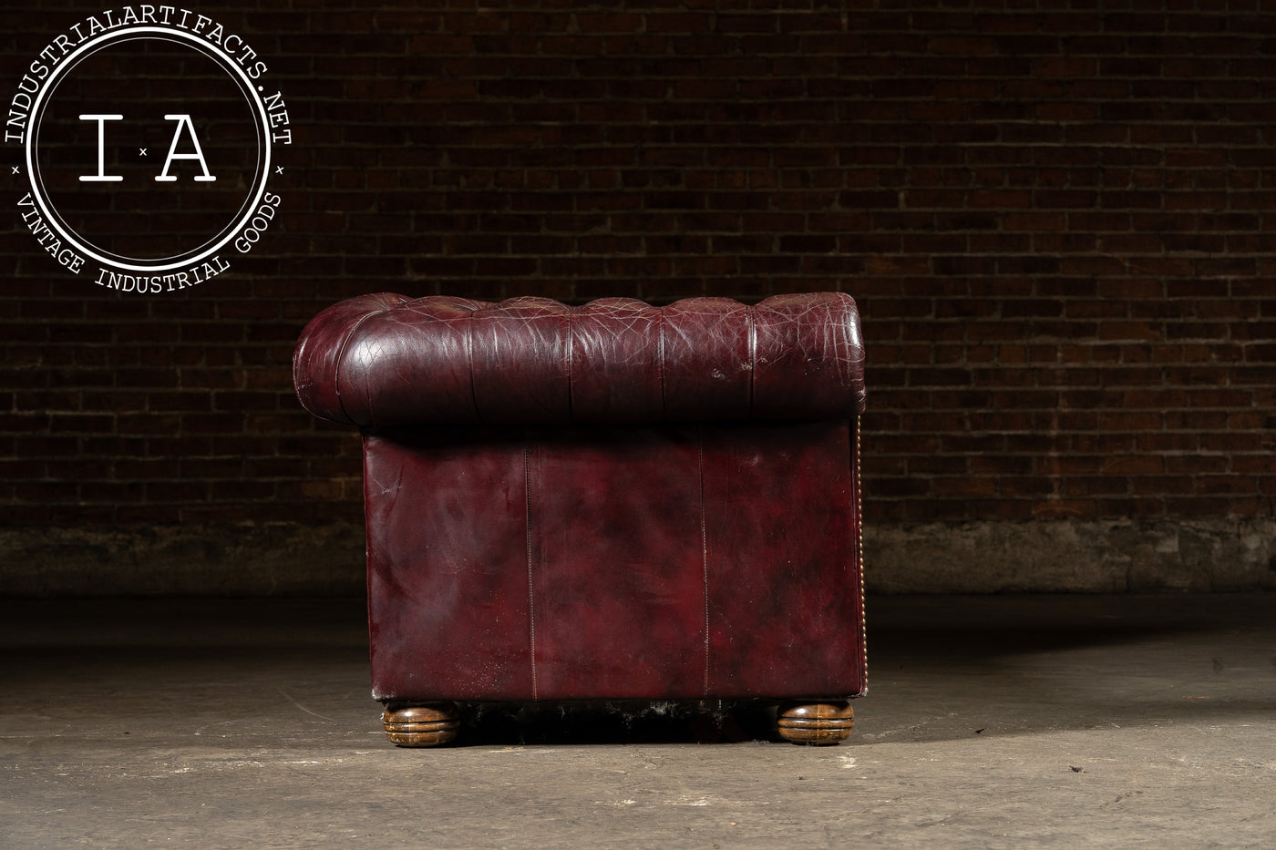 Deep Oxblood Leather Chesterfield Sofa with Nailhead Trim