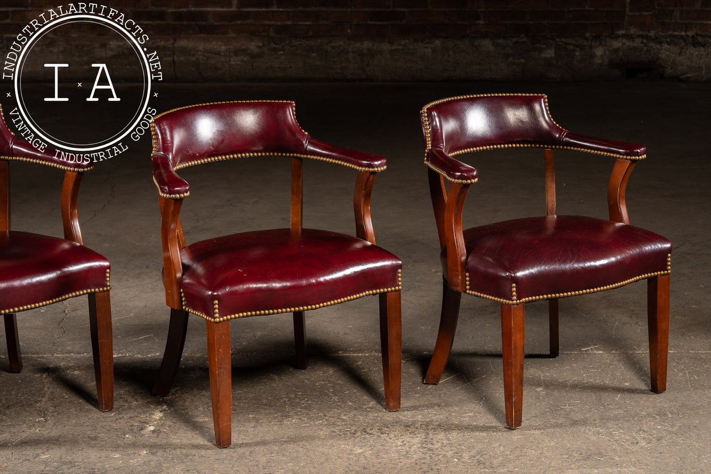 Set Of Four Nailhead Trim Barrel-Back Leather Armchairs in Oxblood