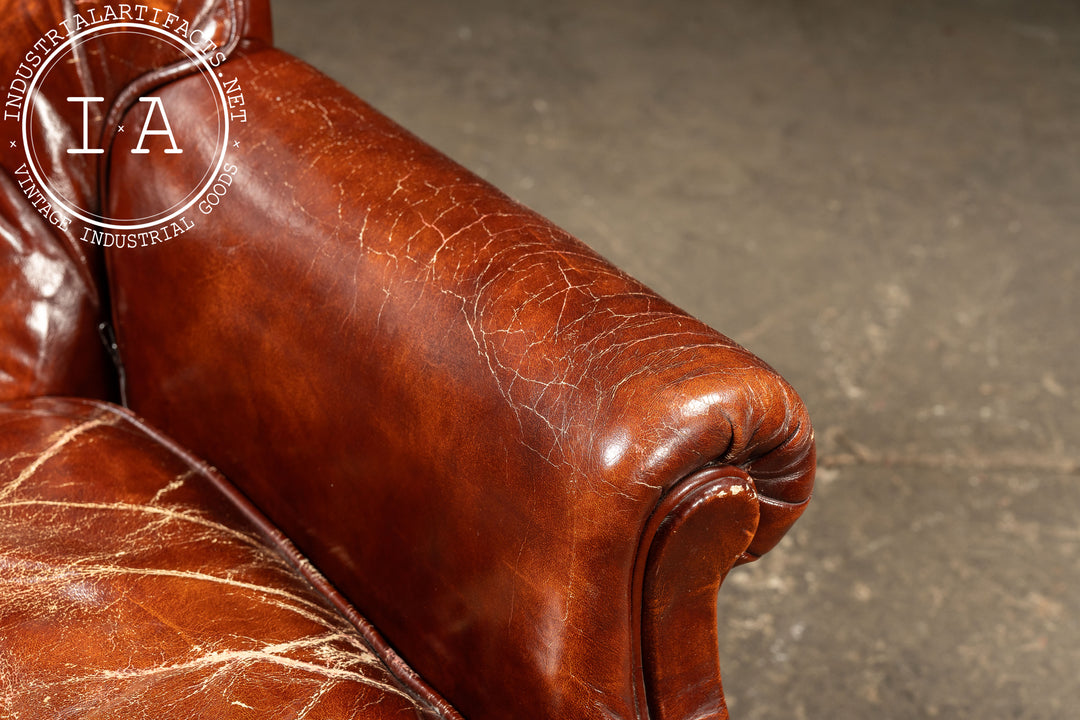 Vintage Tufted Leather Chesterfield Armchair and Ottoman by