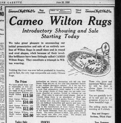 Early 1900s Cameo Wilton Rugs Glass Sign