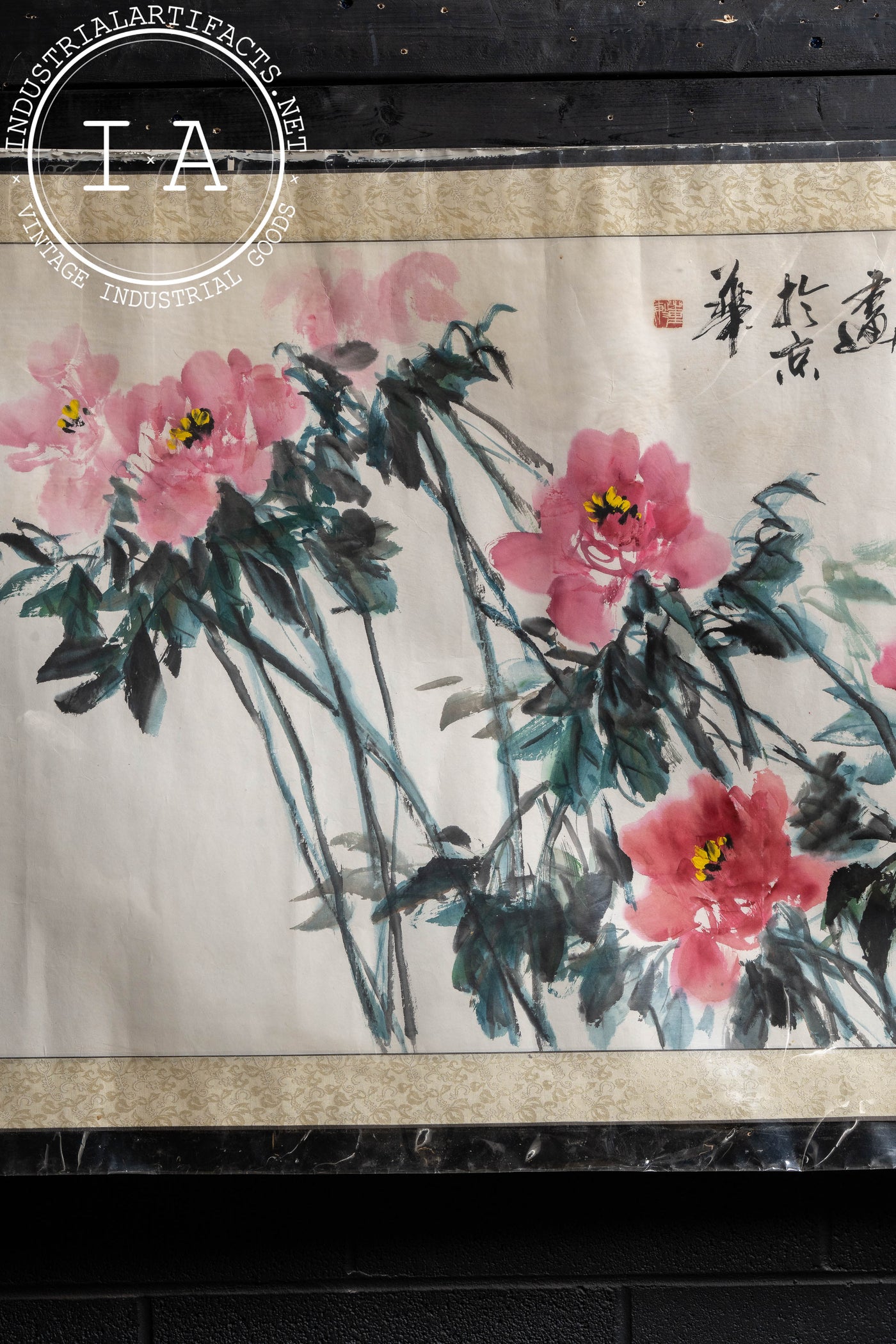 Asian Fabric and Paper Peonies Good Luck Scroll Art