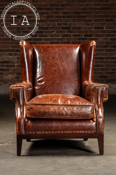 Pair of Wingback Leather Armchairs in Burnt Orange