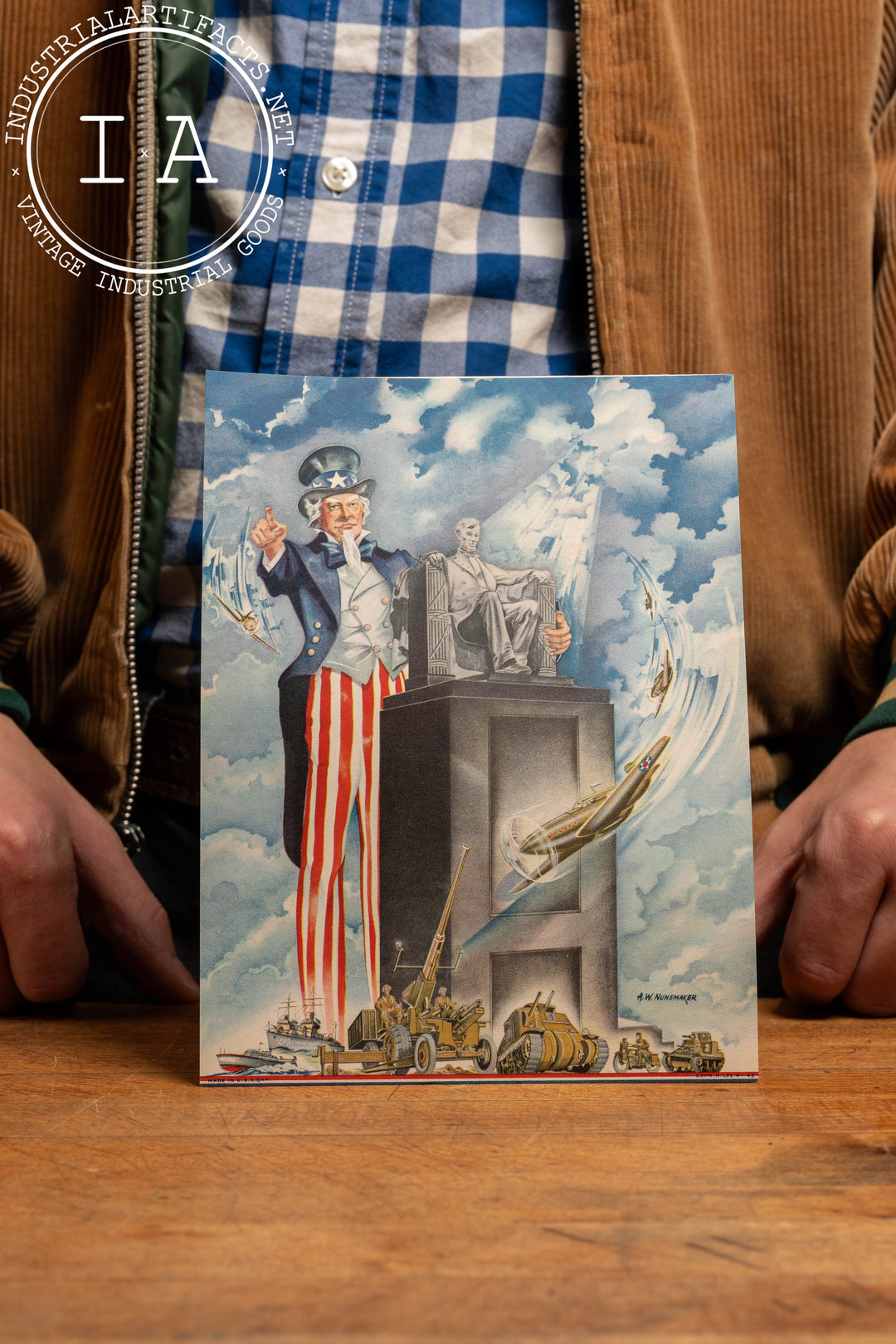 Uncle Sam and Lincoln | Vintage Original WWII-Era Litho Print