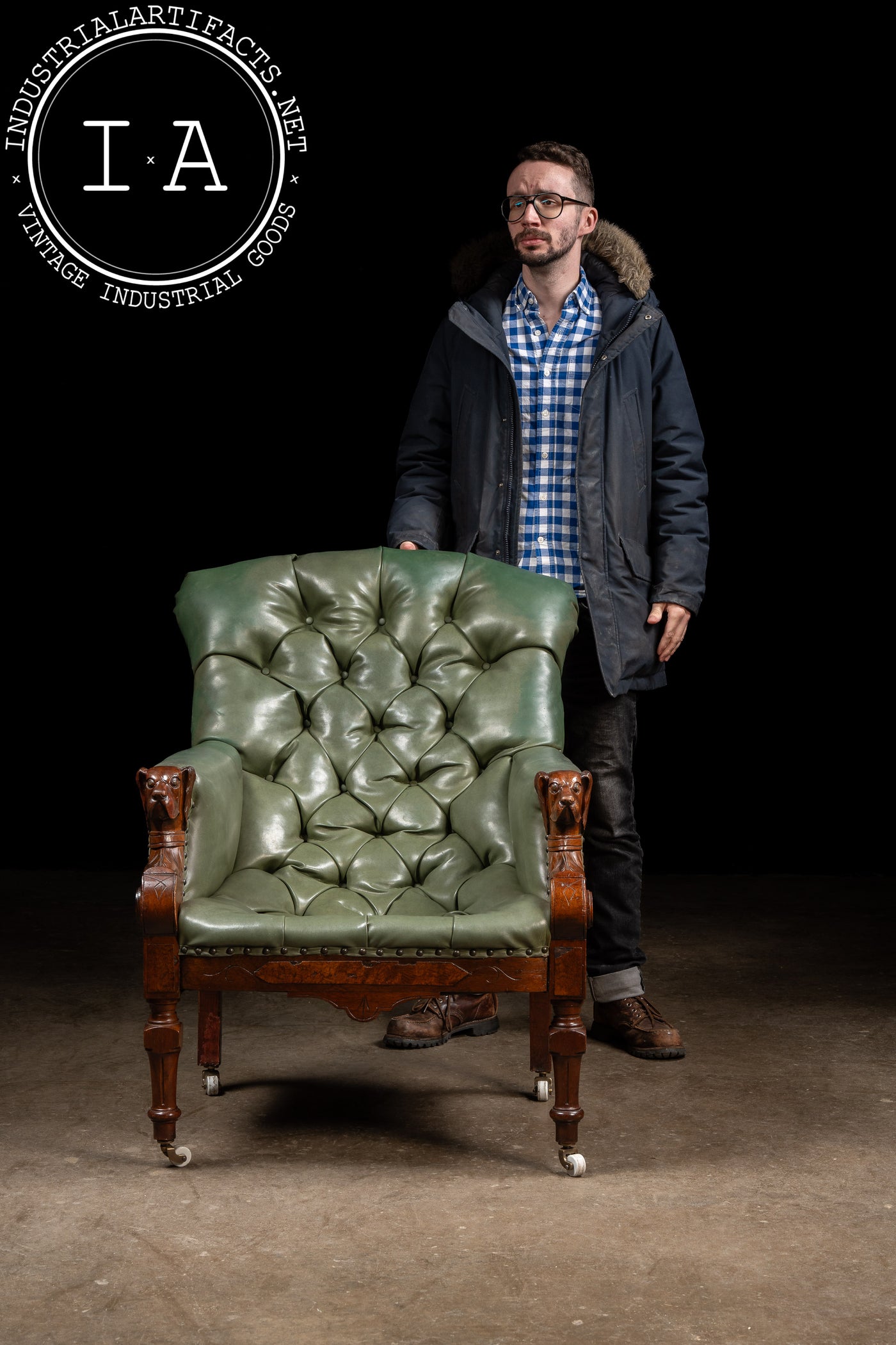 Antique Tufted Leather Lounge Armchair with Carved Dog Accents in Green
