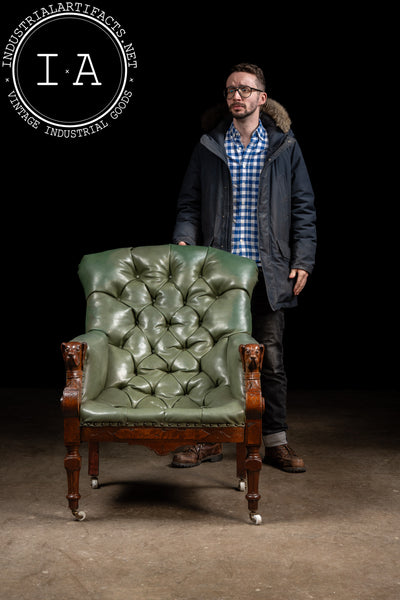 Antique Tufted Leather Lounge Armchair with Carved Dog Accents in Green