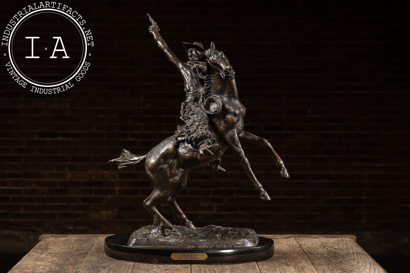 Smokin' Up | 1903 C. M. Russel Bronze Statue on Plaque, Signed and Dated