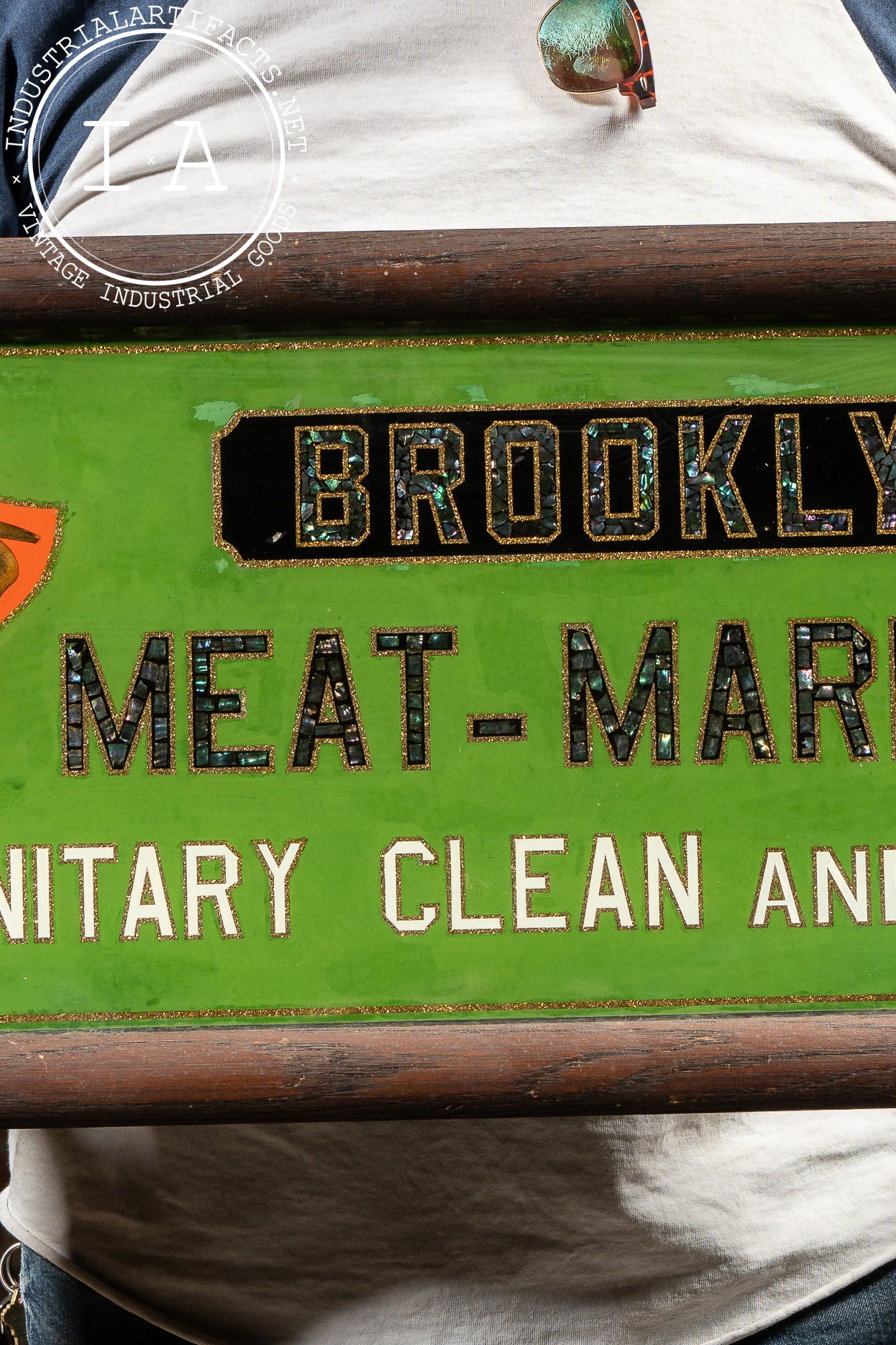 Early 20th Century Reverse-Painted Brooklyn Meat-Market Scalloped Glass Sign