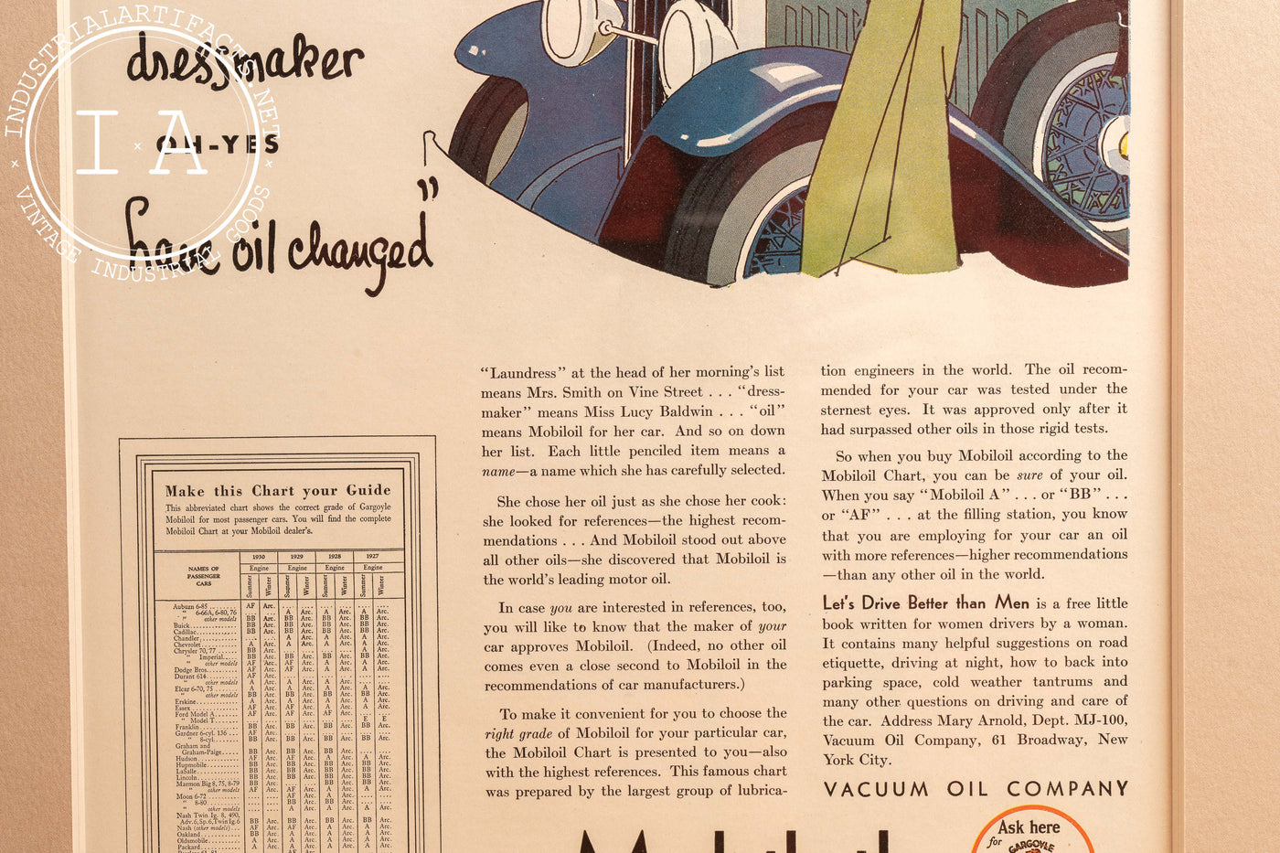1930 Framed Vacuum Oil Gargoyle Mobiloil Lithographic Ad