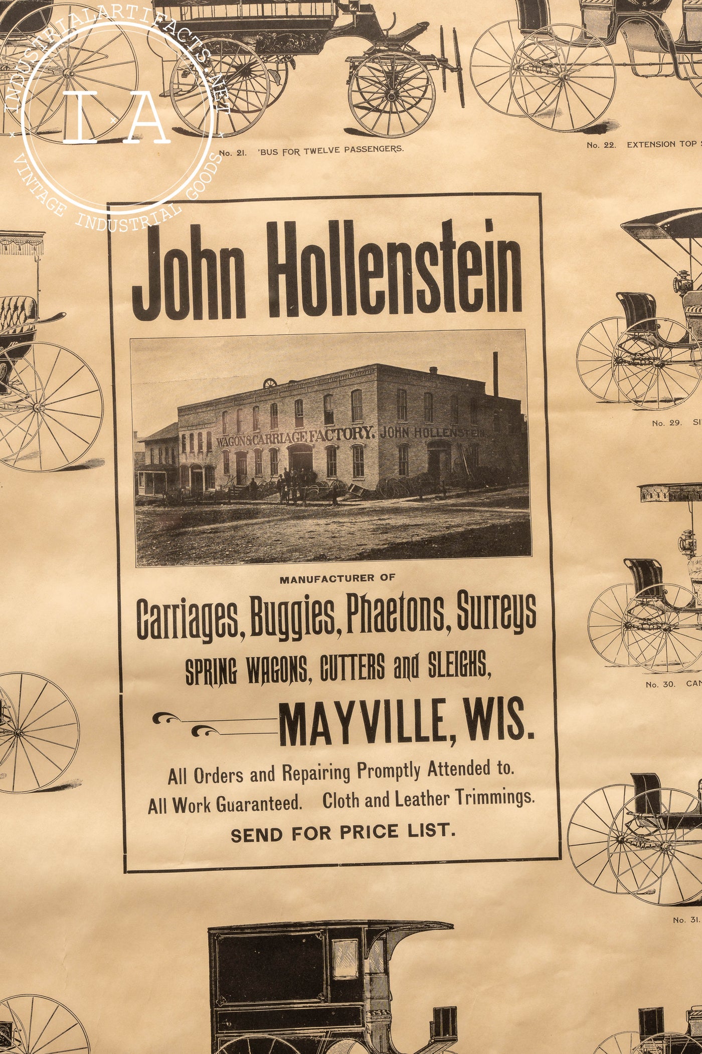 Antique John Hollenstein Carriages Ad in Frame