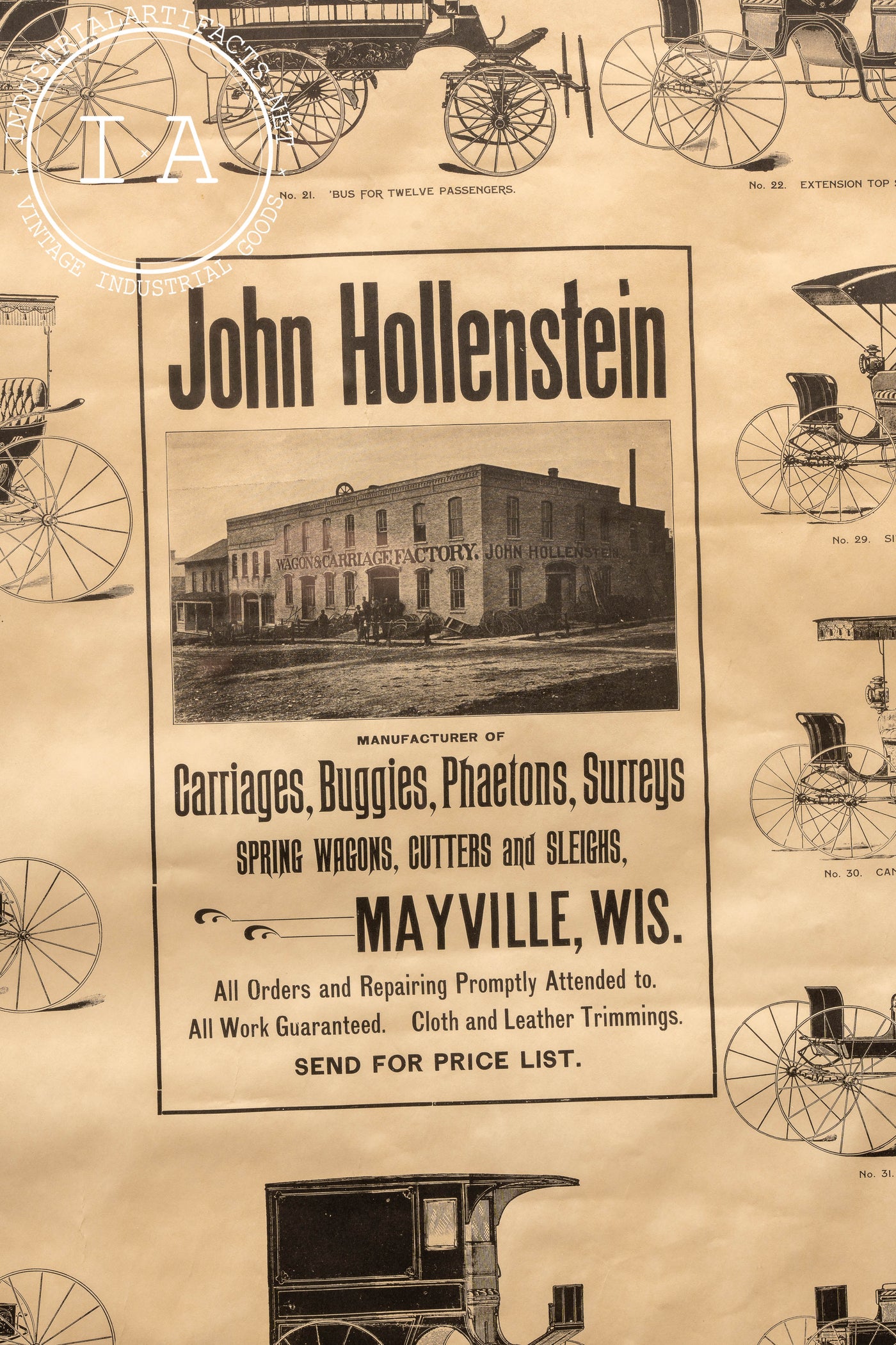 Antique John Hollenstein Carriage Factory Broadside, Framed