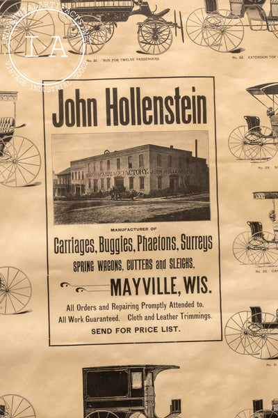 Antique John Hollenstein Carriage Factory Broadside, Framed