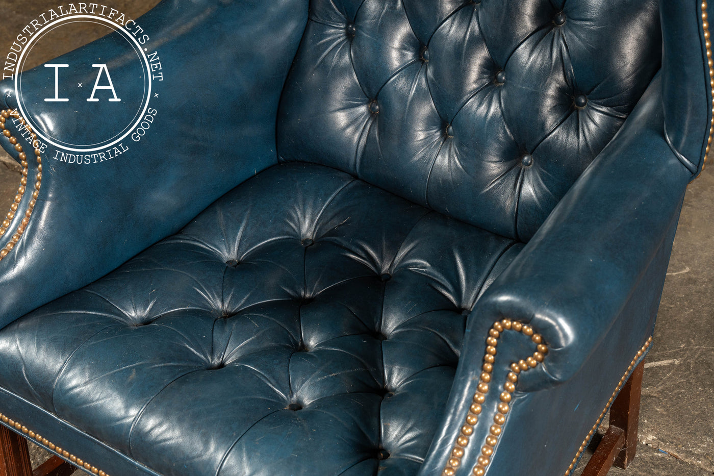 Vintage Tufted Leather Chesterfield Wingback Armchair in Blue