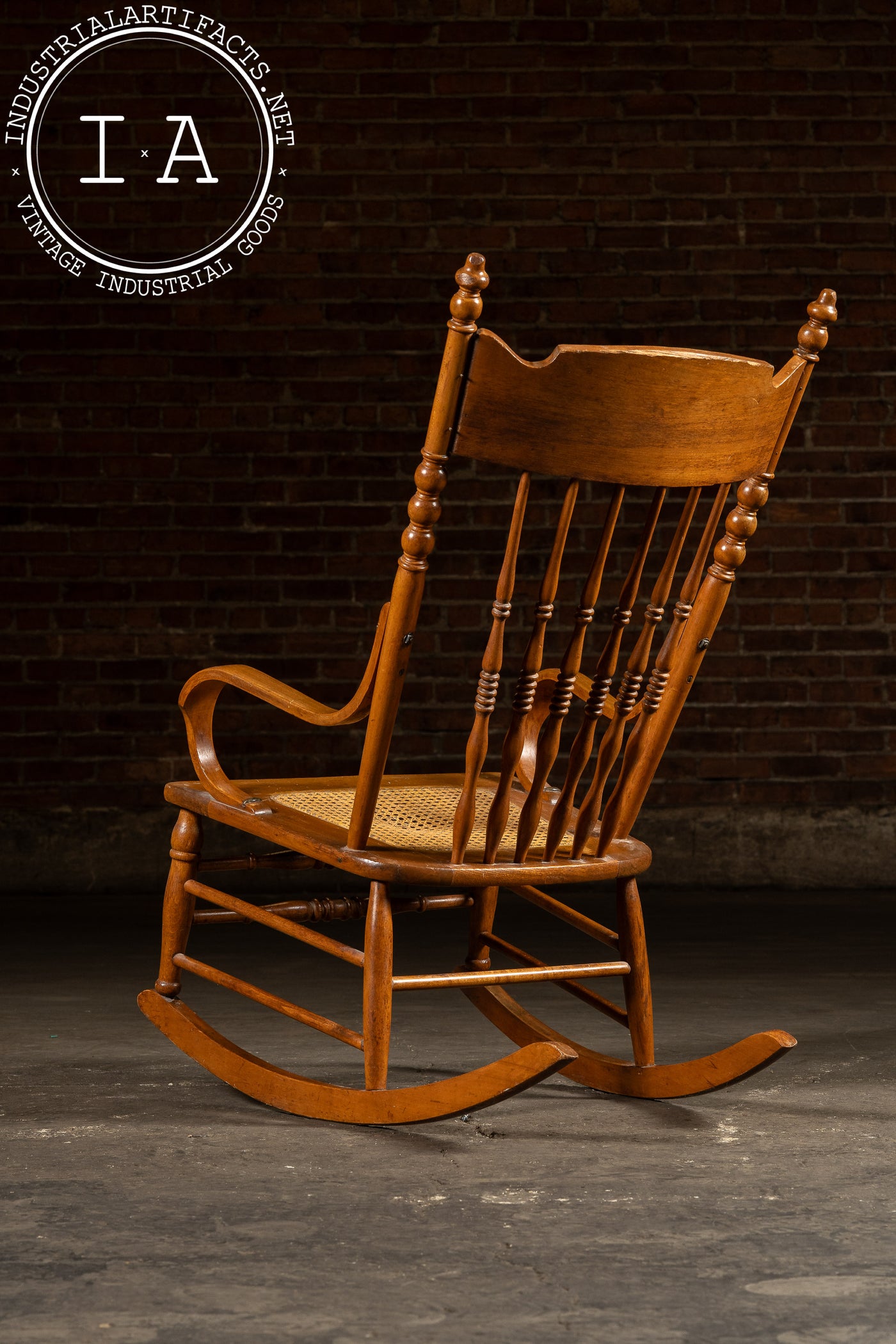 Antique Victorian Press-Back Oak Rocking Chair with Cane Seat