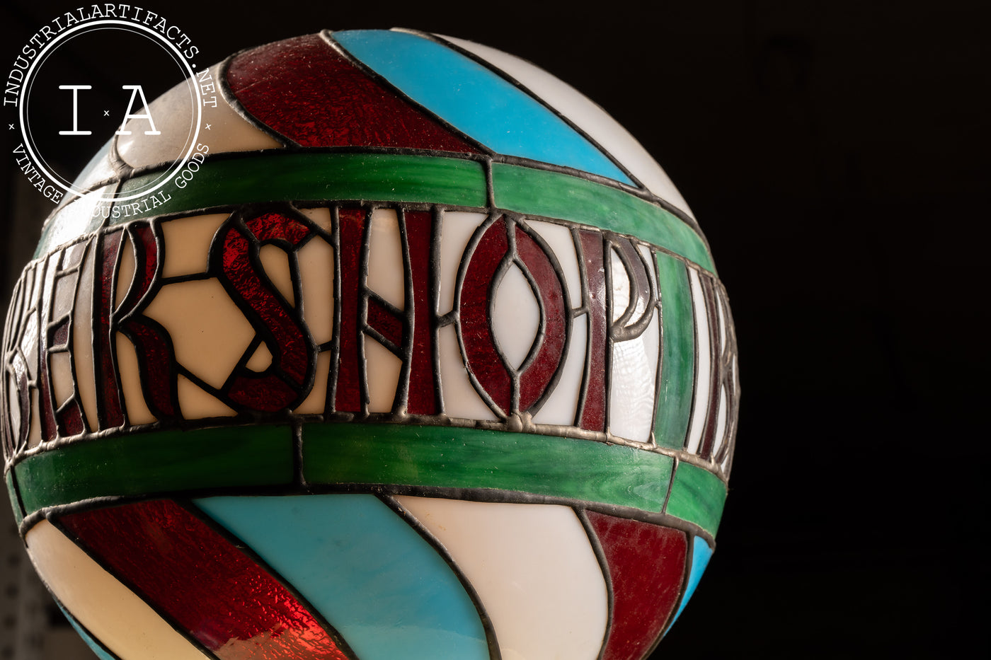 Antique Motorized Porcelain Barber Pole with Stained Glass Globe