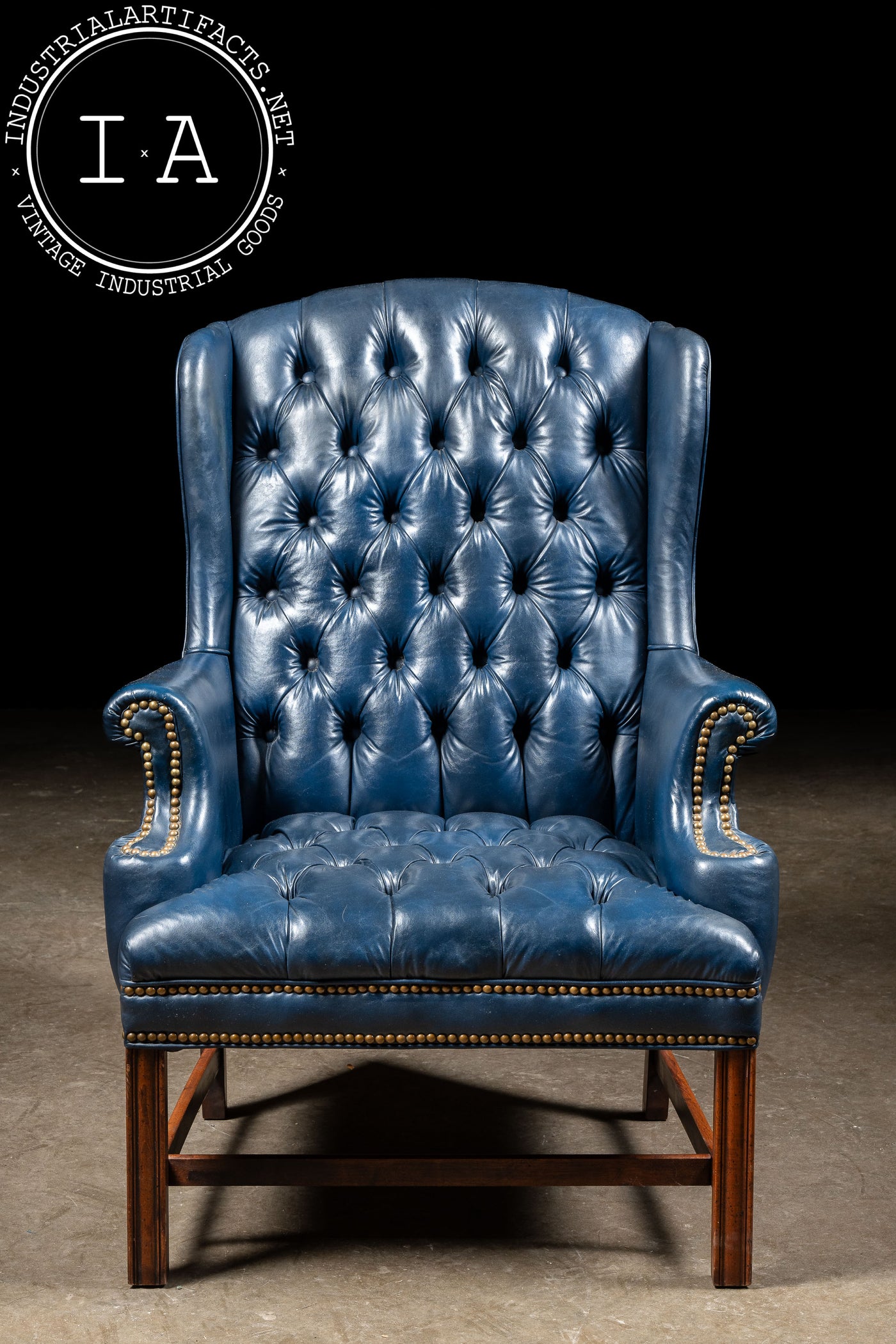 Vintage Tufted Leather Wingback Chair with Matching Ottoman in Blue