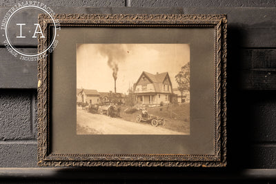 Antique Framed Portrait Of Early Automobile with Horses