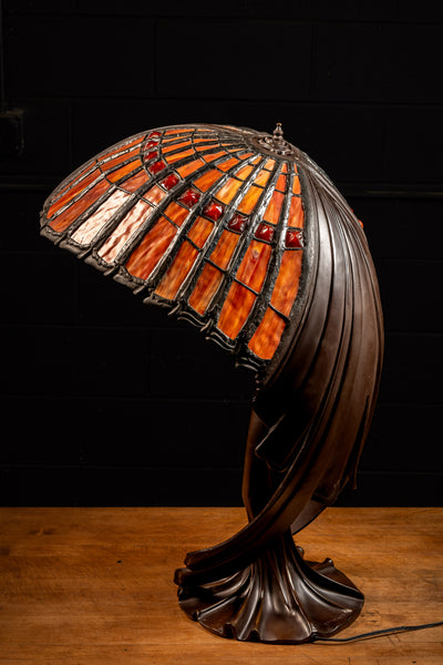 Three-Light Bronze Slag Glass Art Noveau Lamp