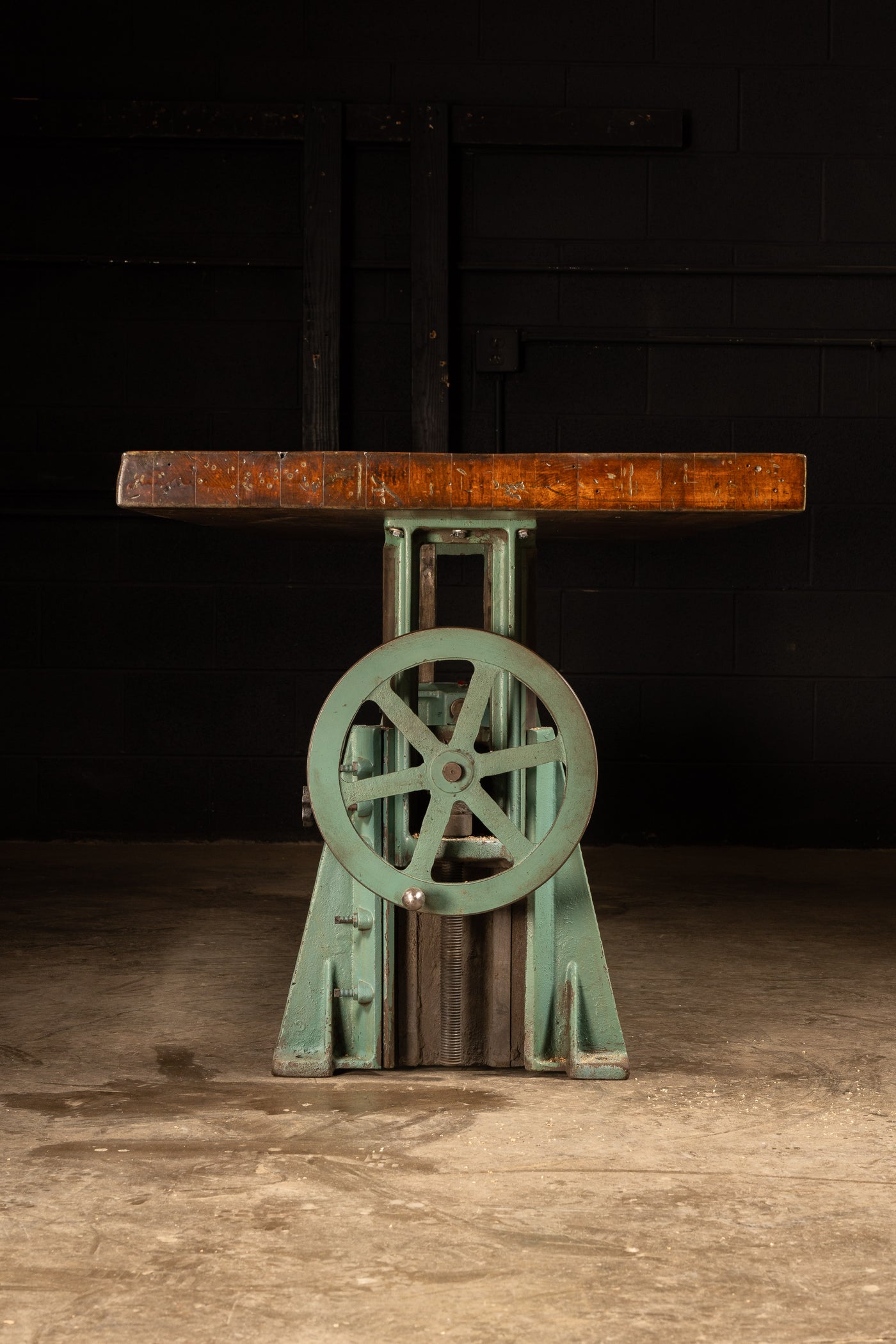 Butcher Block Table With Antique Green Crank Base