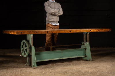 Butcher Block Table With Antique Green Crank Base