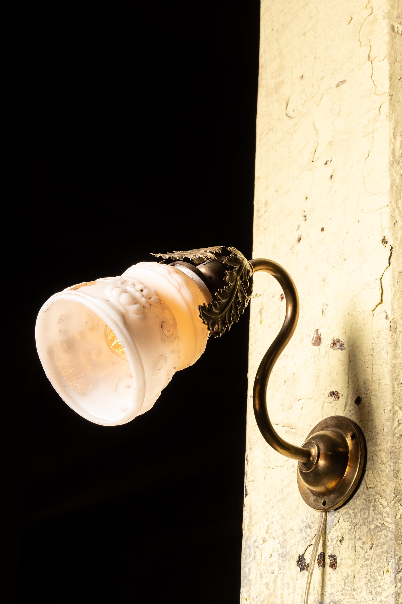 Vintage Brass Floral Sconce with Milk Glass Shade