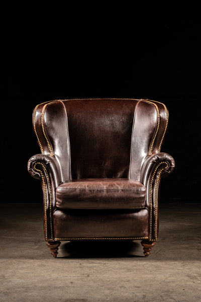 Vintage Leather Armchair with Lumbar Pillow and Ottoman in Brown