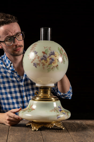Late 19th Century Hand-Painted "Juno" Glass Oil Lamp with Floral Motif