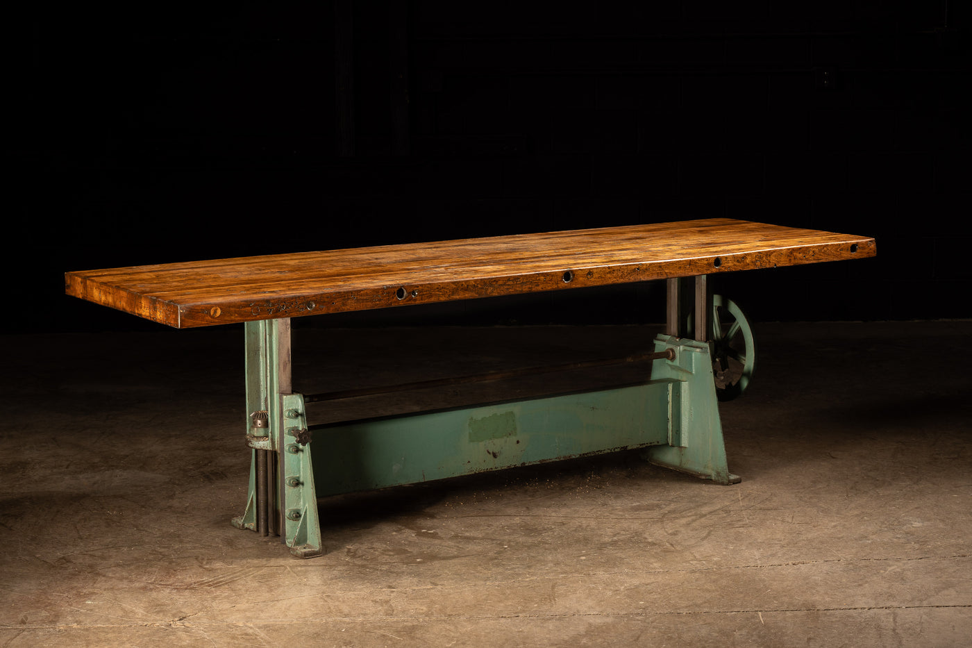 Butcher Block Table With Antique Green Crank Base