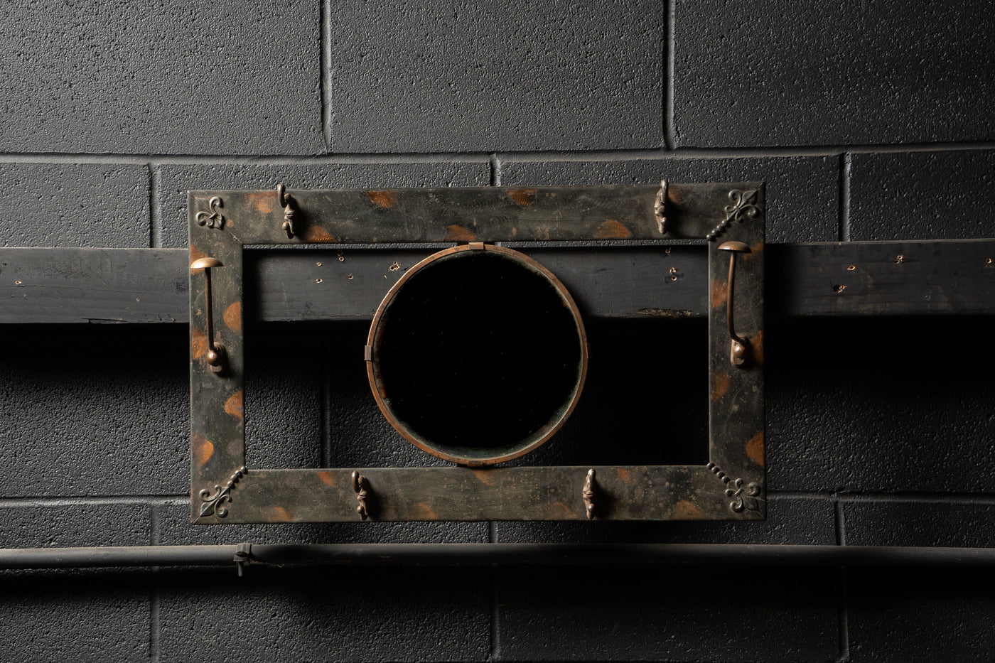 Japanned Copper Hall Mirror With Coat Hooks