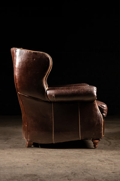 Vintage Leather Armchair with Lumbar Pillow and Ottoman in Brown