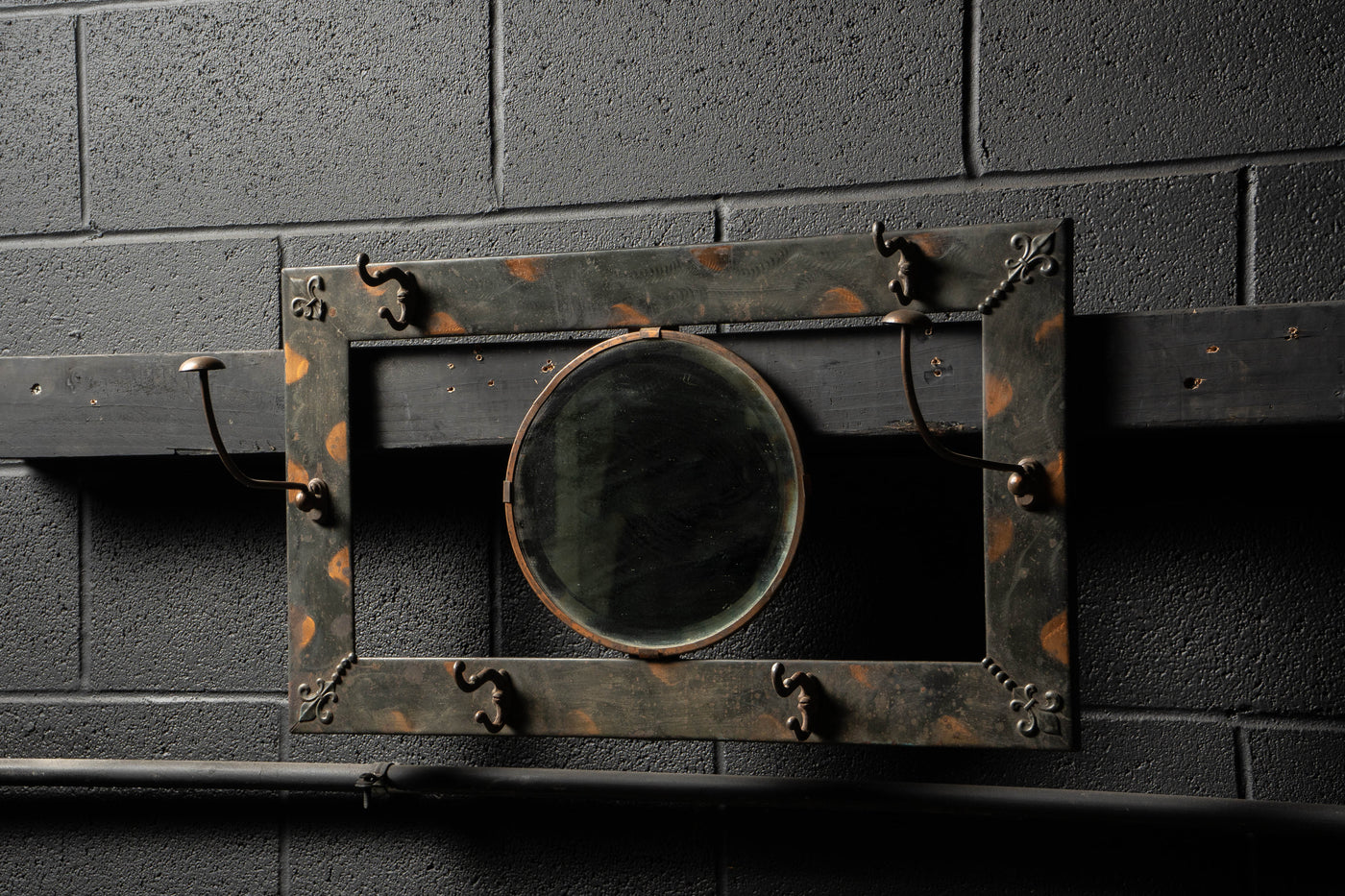 Japanned Copper Hall Mirror With Coat Hooks