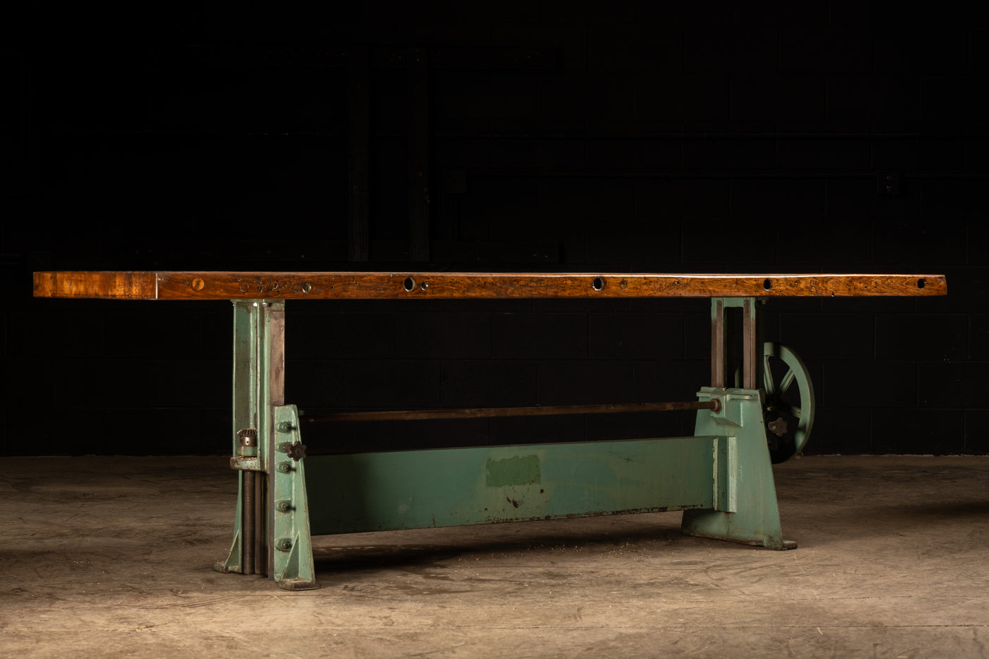 Butcher Block Table With Antique Green Crank Base