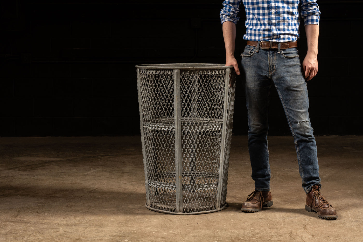 Vintage Industrial Mesh Metal Trash Can