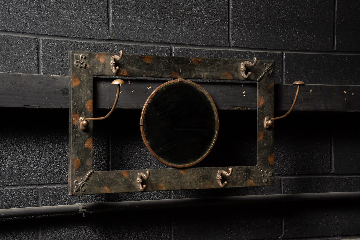 Japanned Copper Hall Mirror With Coat Hooks