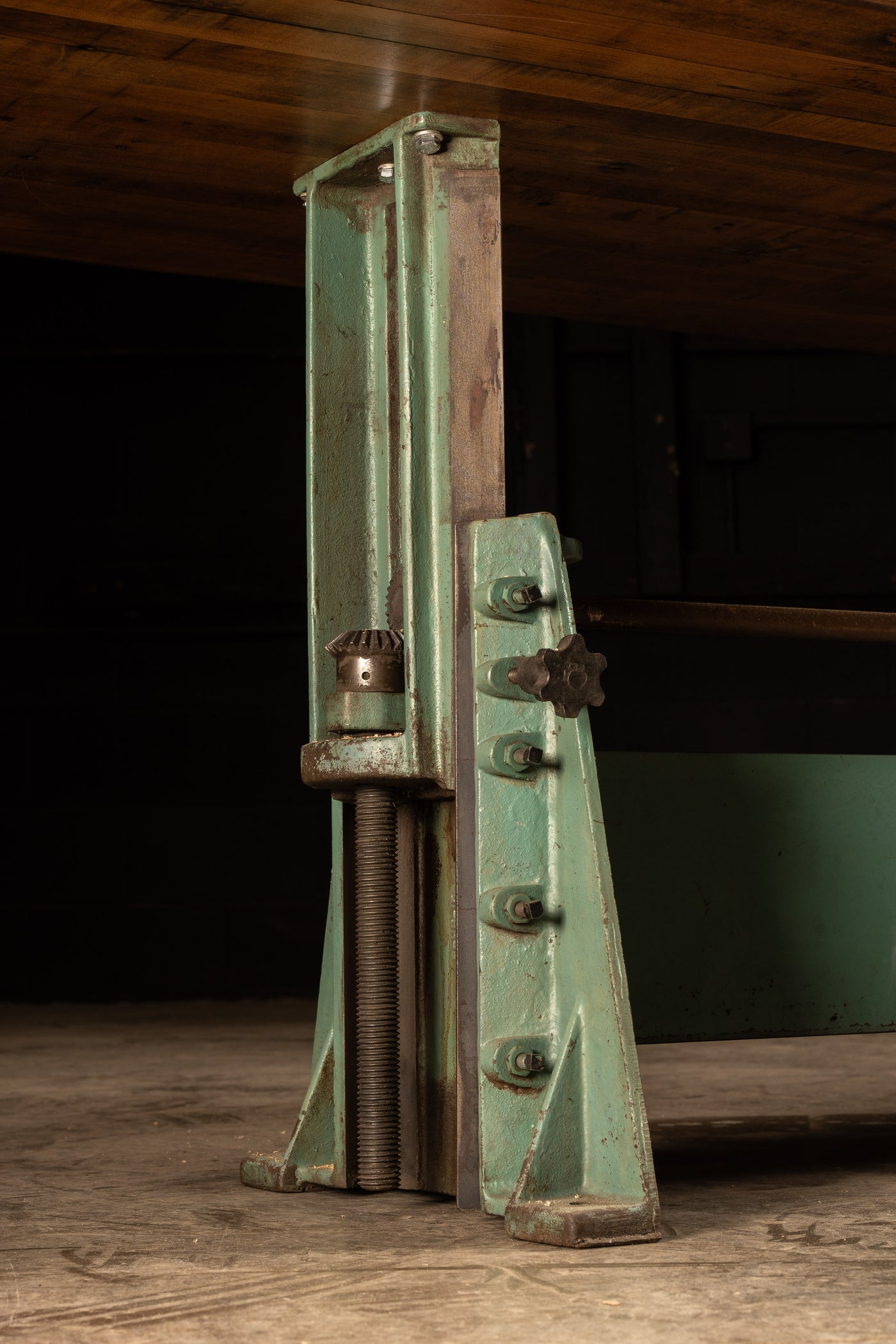 Butcher Block Table With Antique Green Crank Base