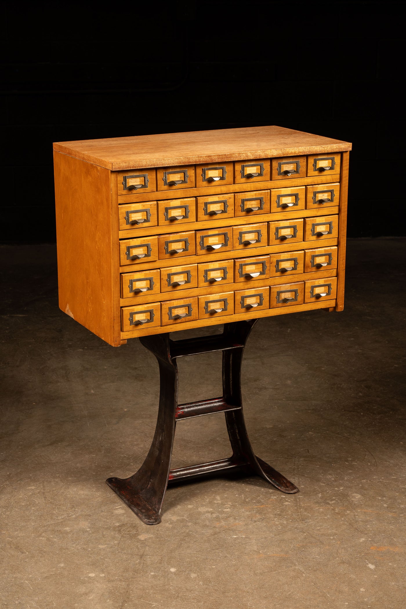 MCM Oak Card Catalog on Antique Cast Iron Base