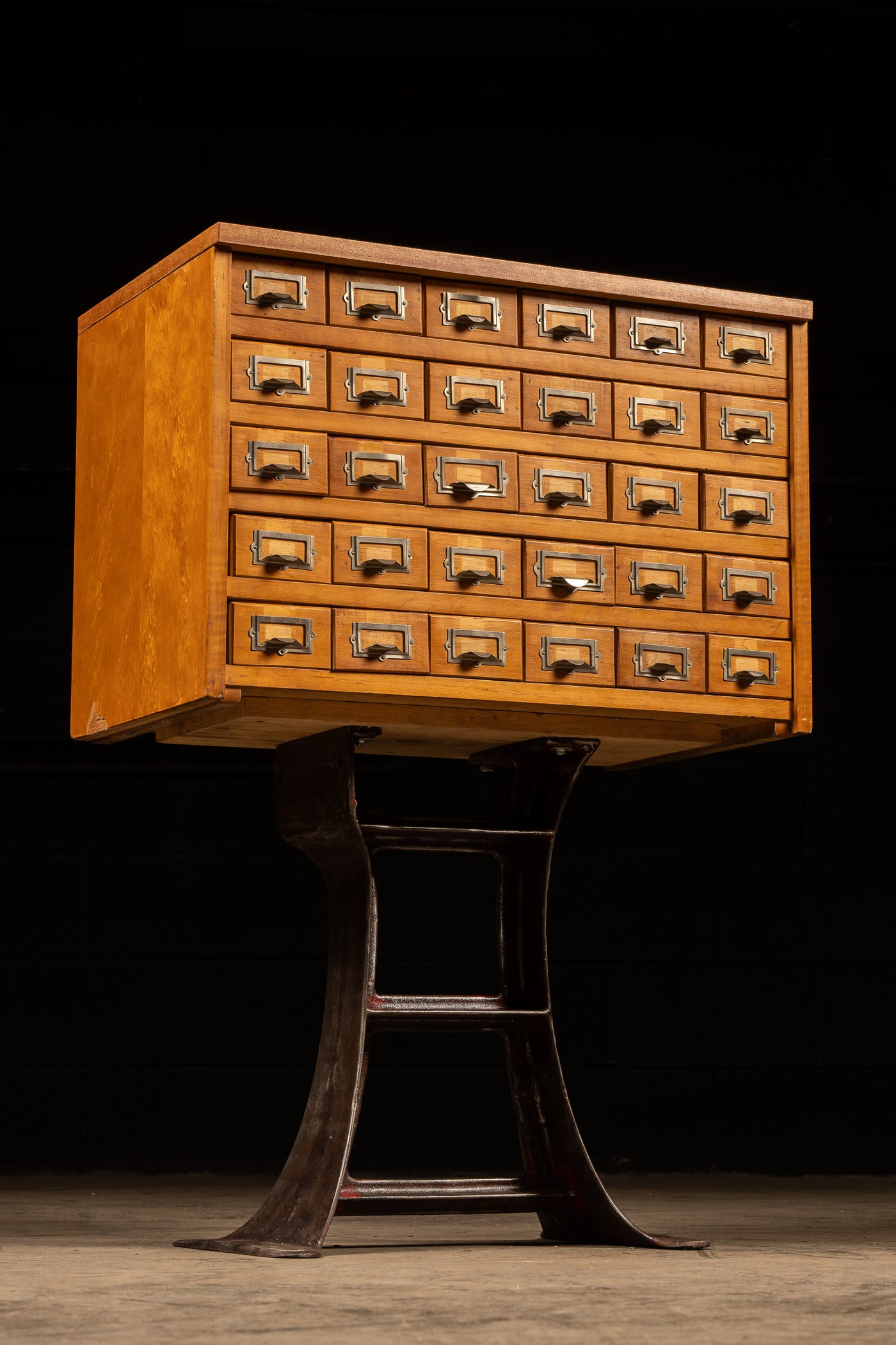 MCM Oak Card Catalog on Antique Cast Iron Base