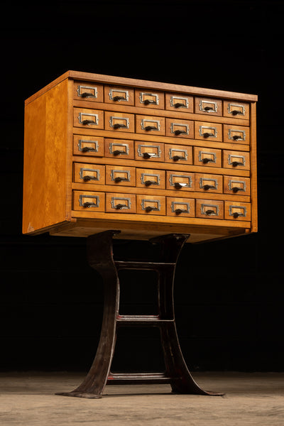 MCM Oak Card Catalog on Antique Cast Iron Base