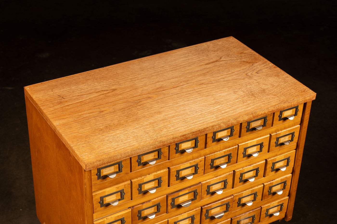 MCM Oak Card Catalog on Antique Cast Iron Base